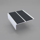 88x32mm aluminium stair nosing profile on a plain background showing two black PVC inserts, a mill aluminium rib and the square vertical front face