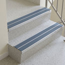 Cobalt Blue twin insert 88x32mm aluminium stair nosing fitted to terrazzo school steps