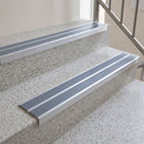 Midnight Grey twin insert 88x32mm aluminium stair nosing fitted to terrazzo school steps