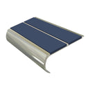 Bright polished aluminium bullnose stair nosing with twin blue PVC inserts, 90mm tread and 39mm riser