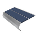 Mill finish aluminium bullnose stair nosing with twin blue PVC inserts, 90mm tread and 39mm riser