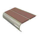 Bright polished aluminium bullnose stair nosing with twin mid brown PVC inserts, 90mm tread and 39mm riser