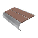Mill finish aluminium bullnose stair nosing with twin mid brown PVC inserts, 90mm tread and 39mm riser