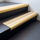 Satin gold aluminium bullnose stair nosing with twin sahara inserts fitted to a building foyer step