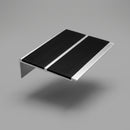 91x32mm aluminium stair nosing profile on a plain background showing two black PVC inserts, a mill aluminium rib and the shallow raked front face