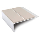93x32mm rakeback aluminium stair nosing with twin Beige anti-slip PVC inserts across the tread