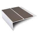 93x32mm rakeback aluminium stair nosing with twin Brown anti-slip PVC inserts across the tread