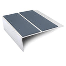 93x32mm rakeback aluminium stair nosing with twin Cobalt Blue anti-slip PVC inserts across the tread