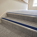 Bright polished aluminium stair nosing with Dark Blue insert fitted to grey carpet tile in an apartment stairwell