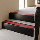 Satin black aluminium stair nosing with Red insert fitted to pale carpeted theatre foyer stairs