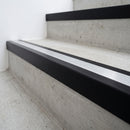 Slimline raked back 59x30mm aluminium stair nosing with a satin anodised aluminium insert, on a black anodised bar, fitted directly to a bare concrete step