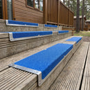 Blue anti-slip nosing plates fitted to the decking steps of a holiday park lodge