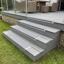 Grey anti-slip nosing plates screwed to composite decking steps at a hotel terrace