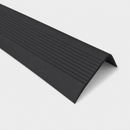 Black flexible PVC stair nosing 70x40mm on a plain studio background showing the ribbed 70mm tread face, rounded nose and plain 40mm riser leg