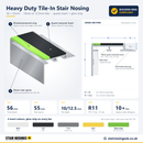 Heavy duty 56 x 55mm tile-in stair nosing with glow strip technical drawing: 3D view, cross-section with 56mm tread, 55mm riser apron, 18mm perforated tiling leg, tile depth 10 or 12.5mm, 38mm R11 quartz textured insert, photoluminescent strip and insert LRVs