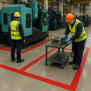 Red anti-slip tape floor zone marking around heavy machinery in UK factory