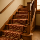 Satin brass spiral stair rods with ball finials on Arts and Crafts staircase with rust geometric runner