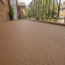 Brown TerraceShield anti-slip balcony paint applied to a balcony floor, a traditional townhouse balcony with wrought iron railing