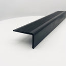 Black PVC bullnose stair nosing 50x25mm showing the ribbed tread flange and 25mm riser return on a white background