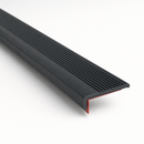 Black flexible PVC stair nosing 50x25mm cut length showing the ribbed tread leg and short riser lip