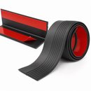 Black flexible PVC stair nosing 50x48mm shown as a coiled roll beside a cut length with the adhesive liner visible