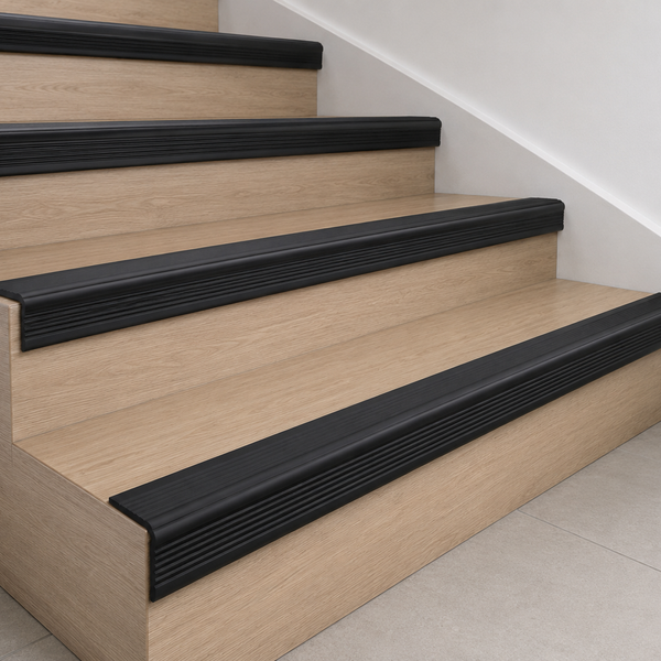 Black RGPD rubber stair nosing 70x40mm heavy-duty anti-slip step edge
