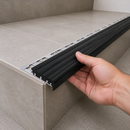 Heavy-duty aluminium stair nosing 2.5m lengths with black anti-slip inserts