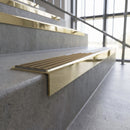 Solid brass stair nosing, 59.5mm tread with a 30mm square front, in Polished Brass finish with Antique Brass insert, fitted to a staircase