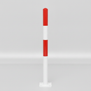 Red and white powder-coated steel traffic bollard with surface-mount baseplate on a plain studio background