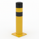Yellow and black steel safety bollard with domed top on a plain white studio background