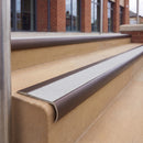 Dark Bronze 70 x 37mm bullnose stair nosing, Everest Exterior Grip insert, on outdoor entrance steps