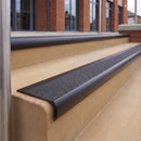 Satin Black 70 x 37mm bullnose stair nosing, Coal Exterior Grip insert, on outdoor entrance steps