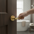 Premium Round Rose Lever Door Handle Set for Bathroom - Satin Brass Finish with Privacy Latch and Smooth Ball Bearing Hinges