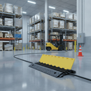 Modular cable protector ramp laid across a warehouse floor with a power cable running beneath it, forklift and pallet racking in the background
