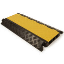 3 channel cable protection ramp with black rubber body and hinged yellow anti-slip lid on a white background
