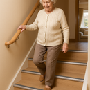 Elderly woman confidently using UK home staircase with grey bullnose anti-slip nosings on oak laminate - safe stair edge protection