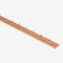 Wooden carpet gripper rod strip with angled metal pins on a plain white studio background