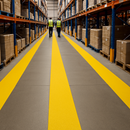 Yellow anti-slip tape walkway marking lanes in UK warehouse environment