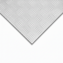 Aluminium five-bar chequer plate sheet corner showing raised tread pattern isolated on white studio background