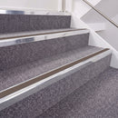 Bright Polished double insert chevron stair nosing, 40mm riser with Brown inserts, fitted on carpeted stairs