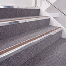 Bright Polished double insert chevron stair nosing, 40mm riser with Mid Brown inserts, fitted on carpeted stairs