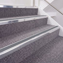 Bright Polished double insert chevron stair nosing, 40mm riser with Mid Grey inserts, fitted on carpeted stairs
