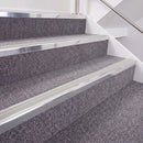 Bright Polished double insert chevron stair nosing, 40mm riser with Oyster inserts, fitted on carpeted stairs