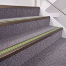 Dark Bronze double insert chevron stair nosing, 40mm riser with Apple Green inserts, fitted on carpeted stairs