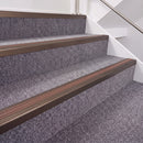 Dark Bronze double insert chevron stair nosing, 40mm riser with Mid Brown inserts, fitted on carpeted stairs