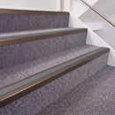 Dark Bronze double insert chevron stair nosing, 40mm riser with Mid Grey inserts, fitted on carpeted stairs