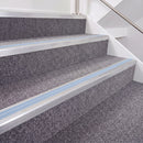 Mill Finish double insert chevron stair nosing, 40mm riser with Aura inserts, fitted on carpeted stairs