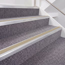 Mill Finish double insert chevron stair nosing, 40mm riser with Beige inserts, fitted on carpeted stairs