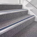 Mill Finish double insert chevron stair nosing, 40mm riser with Blue inserts, fitted on carpeted stairs
