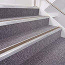 Mill Finish double insert chevron stair nosing, 40mm riser with Brown inserts, fitted on carpeted stairs